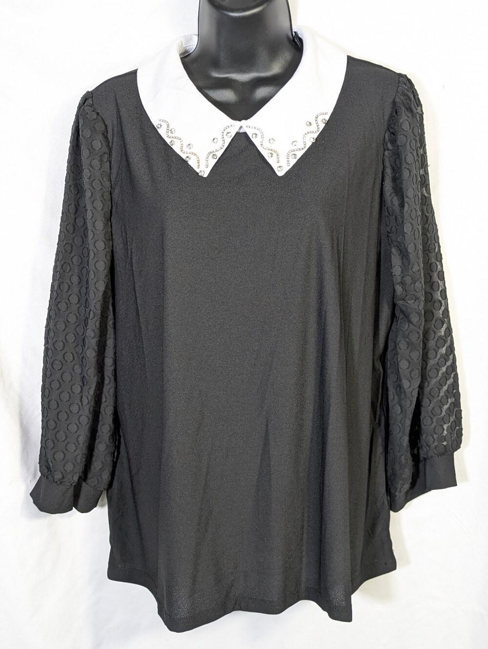 A Love Story Women’s Top Rhinestone Peterpan Collar Sheer Sleeves Feminine XL